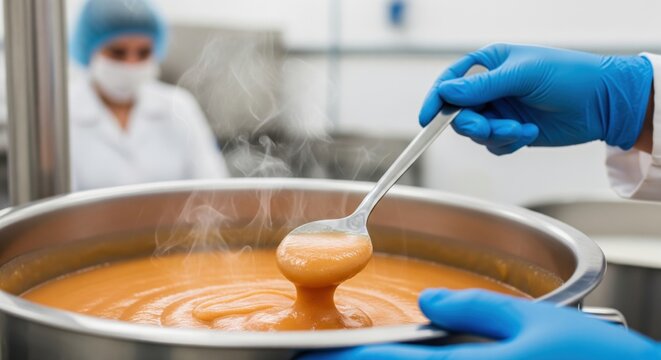 Industrial puree processing image with glossy fruit mixture, gloved hands and hygienic equipment, focused on safety, texture consistency and premium food manufacturing standards.