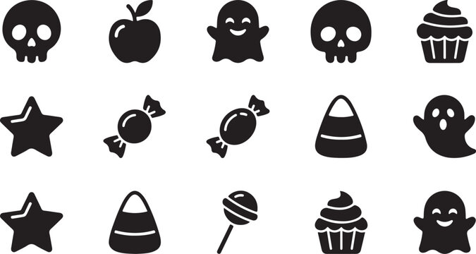 Minimalist vector illustration set featuring black holiday icons of ghosts skulls candies and cupcakes for creative seasonal graphic design projects