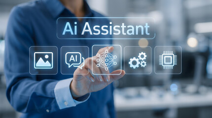 Fototapeta premium Businessman interacts with ai assistant interface in office