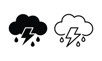 Obraz premium Rain cloud with lightning and drops icon set featuring storm weather symbols, lightning bolts, raindrops, and cloud elements representing severe weather, thunderstorms, and precipitation in vector ill