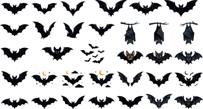 Halloween Bat Icons Collection with Transparent Background, Set of Flying and Hanging Bats, Vector Illustrations for Spooky Holiday Designs,,bat silhouettes set