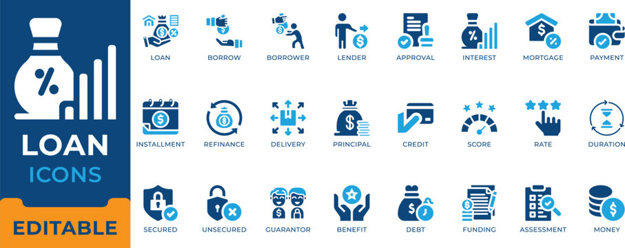 Loan Mortgage Credit Debt Finance Banking Icon Set - editable vectors for  borrowing, interest calculation, and financial funding.