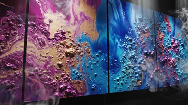 Smoke drifting over a textured abstract painting with gold, purple, and blue colors on a three-panel canvas.
