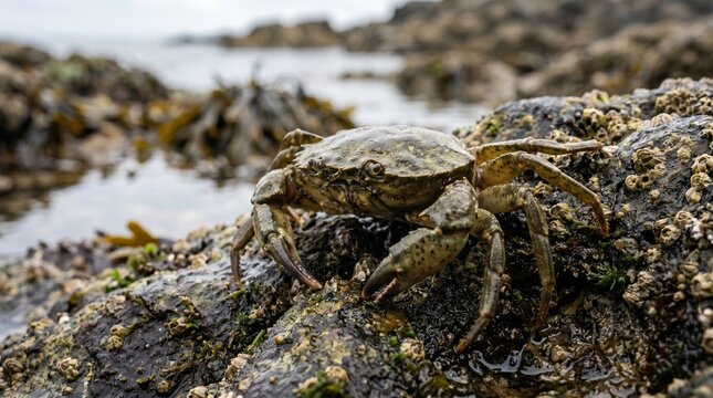 Shore crab walking across wet rocky terrain densely covered in barnacles and green algae in northern coastal region.