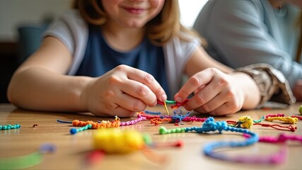 Fototapeta premium Child smiles while twisting colorful pipe cleaners
