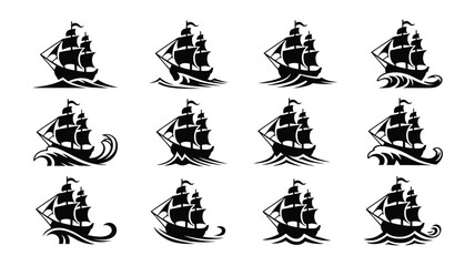 Sailing ships on waves black silhouettes nautical icons © loveley0190