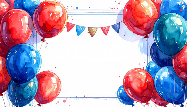 Red and blue watercolor balloons and festive banner, border composition for greeting card template, artistic watercolor illustration, bright even lighting on white background.