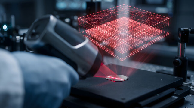 Hand holding 3d scanner with red holographic display