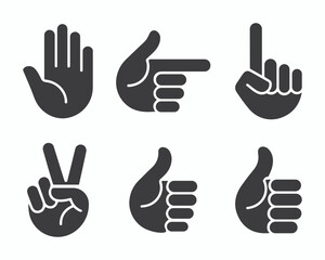 Fototapeta premium Minimalist Hand Gestures Icon Set with Thumbs Up Pointing and Peace Sign Black Silhouettes