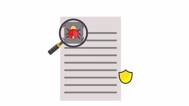 Animation of magnifying glass detecting bug icon on document with failed yellow shield and red cross line for malware detection, security breach and system vulnerability concept.	