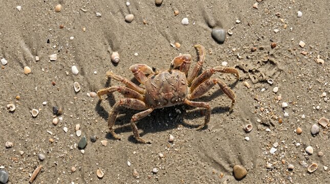 Top down perspective of ghost crab camouflaged on sand and shells at beach shore during bright sunny day outdoor.