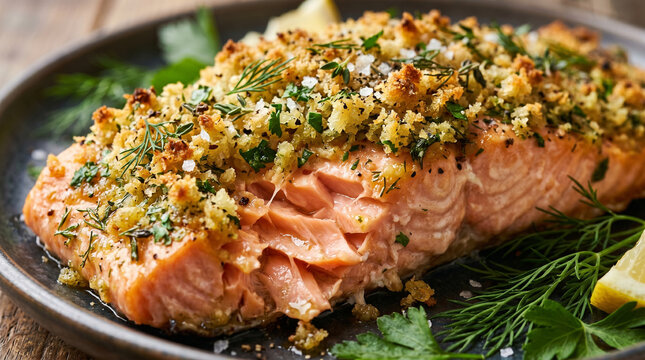 Crispy Baked Salmon Fillet with Herbs: A delicious and flaky baked salmon fillet, coated in a savory herb and breadcrumb crust, served with fresh dill and lemon wedges on a dark plate.