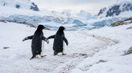 Two penguins walking together on snowy path in antarctica with majestic icebergs and blue glacial water background. © Muktalal