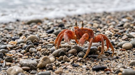 Vibrant red crab standing on pebble beach with ocean waves in background during bright daylight at shore coastal. © Muktalal