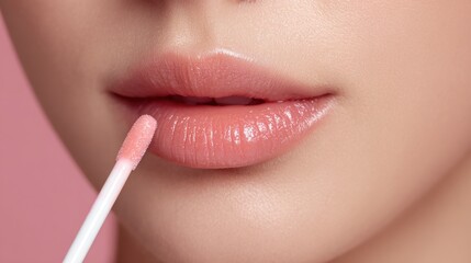 Naklejka premium Close up of womans lips applying gloss with applicator for beauty concept