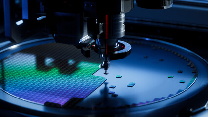 Fototapeta na wymiar Computer Chips are being Extracted by a Pick and Place Machine from a Wafer and Attached to a Substrate. Microchip Manufacturing at a Factory. Close-up of Semiconductor Packaging Process.