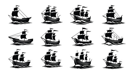 Sailing ships on waves black silhouettes various nautical designs © loveley0190