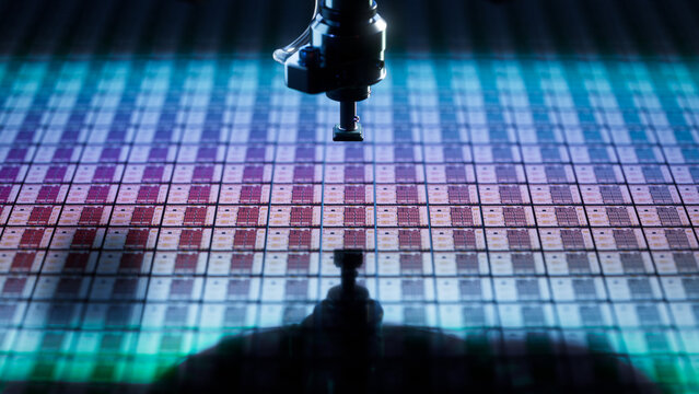 Close-up of Colorful Semiconductor Wafer during Microchip Packaging Process. Computer Chip Manufacturing at a Factory. Silicon Die are being Extracted by a Pick and Place Machine