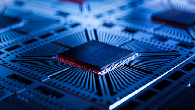 Close-up of a Silicon Die Attached to Substrate on During Microchip Production Process at a Semiconductor Factory. Computer Chip Manufacturing at a Fab.