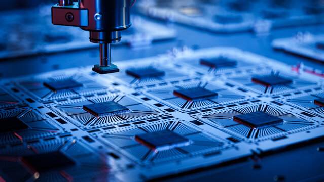 Close-up of Silicon Dies Attached to Substrate on During Microchip Production Process at a Semiconductor Factory. Computer Chip Manufacturing at a Fab.