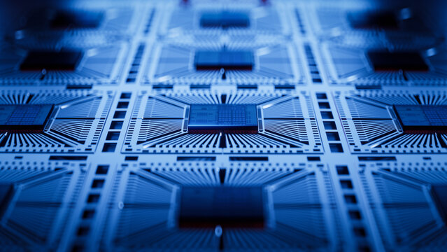 Silicon Dies Attached to Substrate on During Microchip Production Process at a Semiconductor Factory. Computer Chip Manufacturing at a Fab.