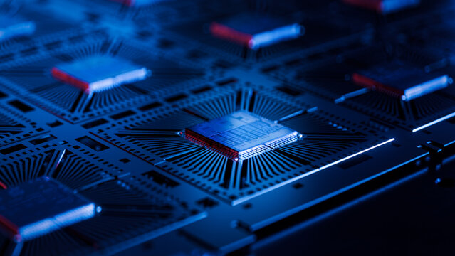 Silicon Dies Attached to Substrate on During Computer Chip Manufacturing at a Fab. Microchip Production Process at a Semiconductor Factory.