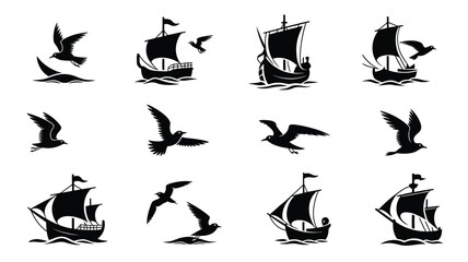 Obraz premium Sailing ships and seagulls at sea in black silhouette