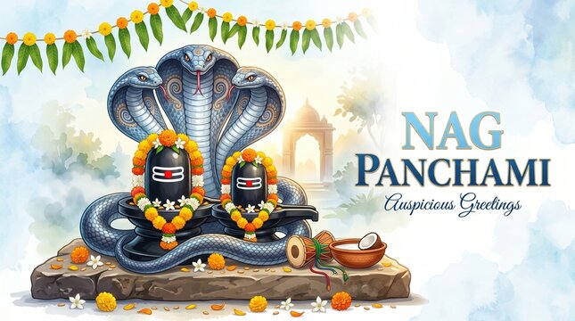 nag panchami, happy nag panchami, auspicious greetings, shiva lingam, shivling, lord shiva, multi headed cobra, sheshnag, king cobra, naag devta, hindu festival, religious background, watercolor backg