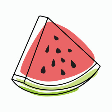 Watermelon slice vector illustration, hand-drawn style with black outline and colorful abstract shapes, featuring red flesh, black seeds, and green rind, perfect for summer fruit designs.