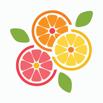 Citrus fruits vector illustration with oranges, lemons, and grapefruits, each cut in half showing pulp and seeds, surrounded by fresh green leaves, ideal for healthy eating and beverage concepts.