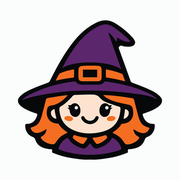 Cute cartoon witch vector illustration, a friendly character with red hair, purple hat, and orange belt buckle, perfect for halloween themes, fantasy stories, and children's designs.
