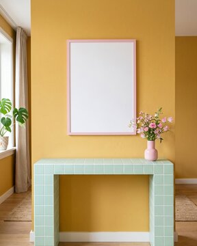 Blank pink frame mockup on yellow wall above green tiled console table