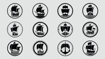 Vintage sailing ship logos and badges with rope borders © loveley0190
