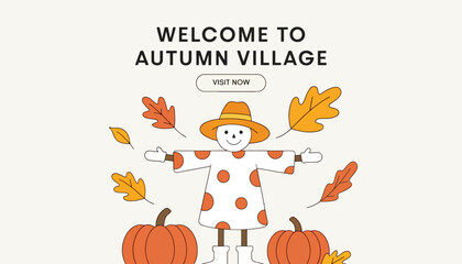 Fototapeta premium Friendly scarecrow welcomes visitors to a charming autumn village with pumpkins and falling leaves.