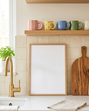 Blank wood frame mockup in bright kitchen with gold faucet and colorful pastel mugs