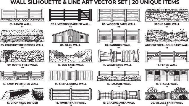 Set of twenty farm wall and fence silhouettes featuring rustic stone wood and metal rural boundary designs