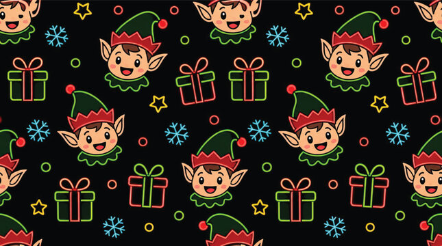 Elf faces in Christmas hats.
