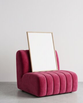 Blank wood frame mockup resting on deep pink ribbed lounge chair