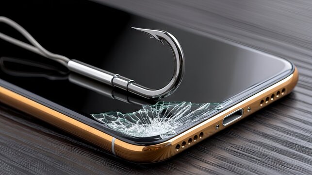 Visual of a dark smartphone with a shattered screen and a fishing hook resting on a textured wood surface