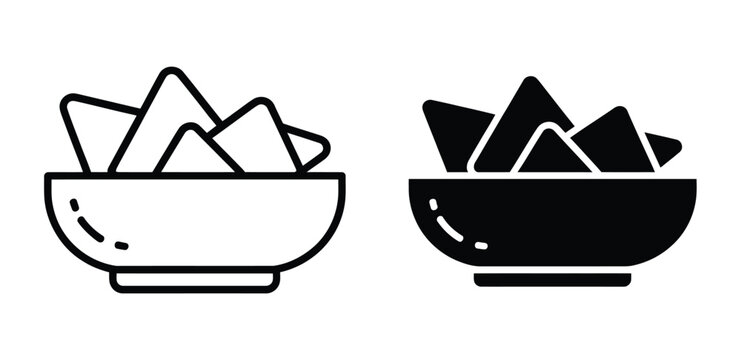 Nachos bowl icon set, tortilla chips and dip sauce symbols, Mexican food menu outline and solid glyph style, snack and appetizer illustration elements, restaurant UI vector design.