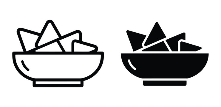 Nachos bowl icon set, tortilla chips and dip sauce symbols, Mexican food menu outline and solid glyph style, snack and appetizer illustration elements, restaurant UI vector design.