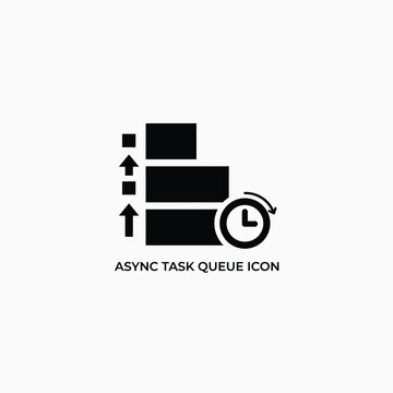 Task queue icon with stacked rectangles and a circular clock black silhouette on a white background async asynchronous background