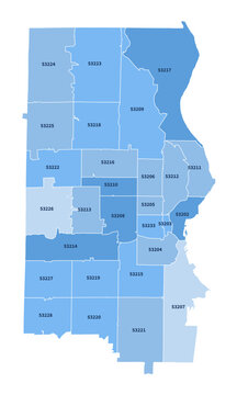 Milwaukee Wisconsin ZIP Code Map, Labeled Editable Boundaries