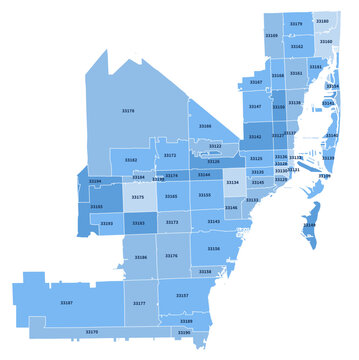 Miami Florida ZIP Code Map, Labeled Editable Boundaries