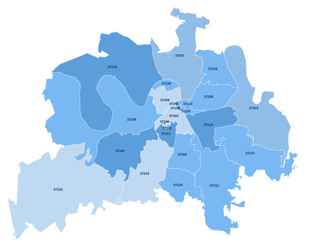 Nashville Tennessee ZIP Code Map, Labeled Editable Boundaries