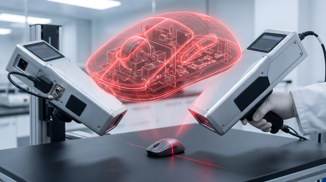 Hand operating 3d scanner with computer mouse on table