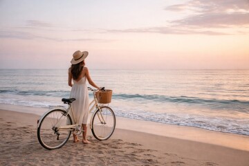 Fototapeta premium Woman enjoying serene beach sunset.