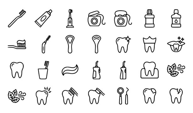 Dental care, oral hygiene and dentistry line icons set
