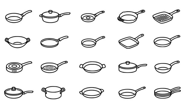 Pan, frying pan and kitchen cookware line icons set