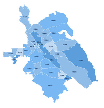 San Jose California ZIP Code Map, Labeled Editable Boundaries